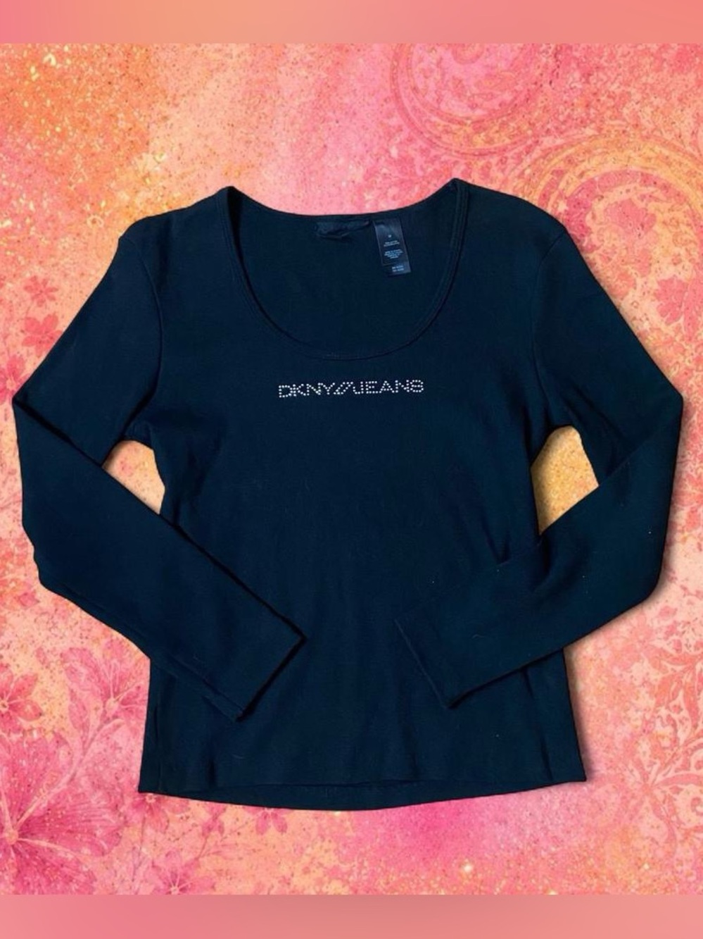 Black DKNY long sleeve ribbed top with rhinestone text